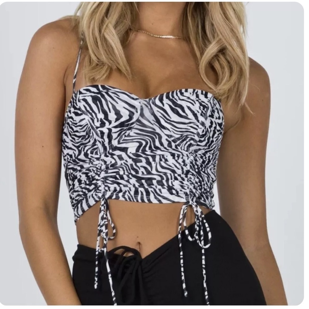Princess Polly Shine Bright Zebra print ruched mesh crop top